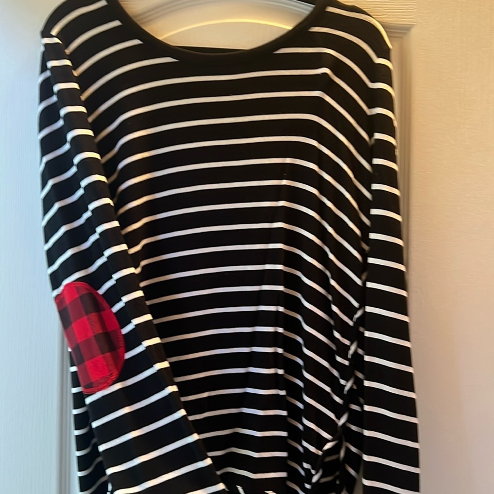 Striped tunic with plaid elbow patch. Boutique style.
